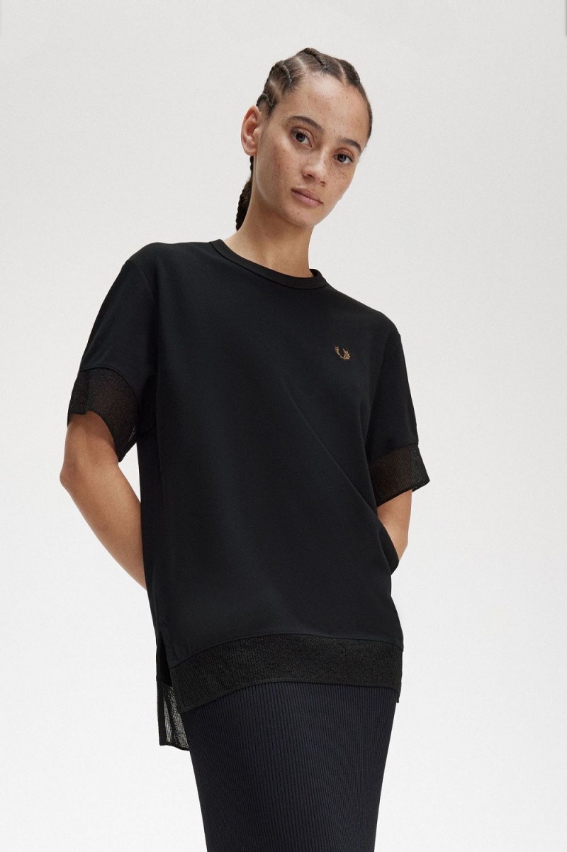 Fred Perry Sheer Trim Piqué Women's T-Shirt Black | INADH4935