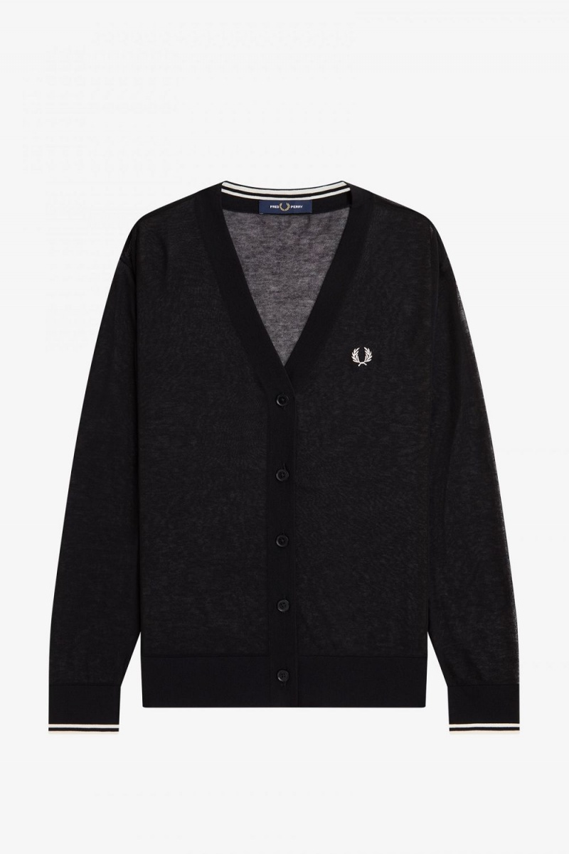 Fred Perry Sheer V-Neck Women's Cardigan Black | FHVWS7913