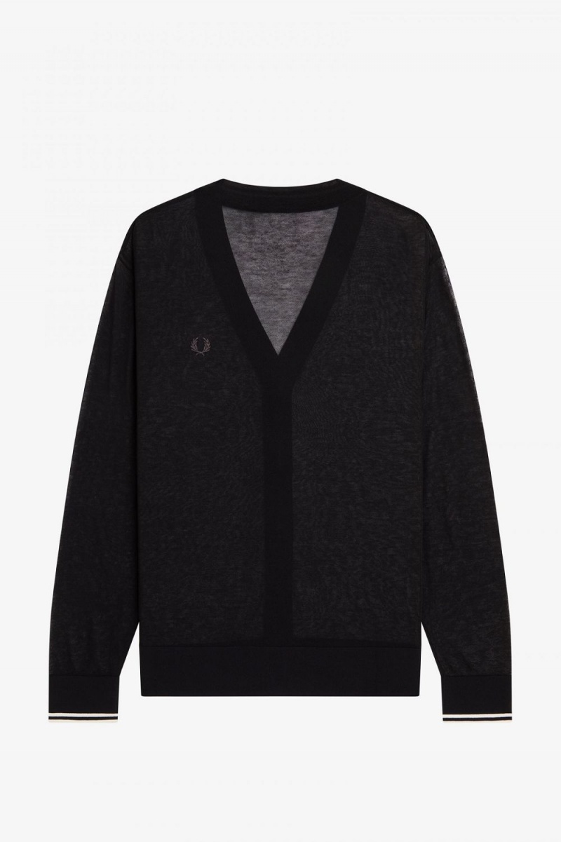 Fred Perry Sheer V-Neck Women's Cardigan Black | FHVWS7913