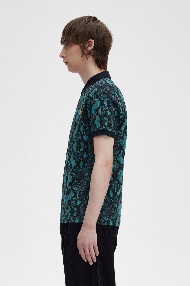 Fred Perry Snake Print Men's Shirt Deep Mint | CZIDJ2815