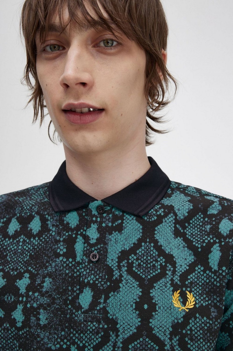 Fred Perry Snake Print Men's Shirt Deep Mint | CZIDJ2815