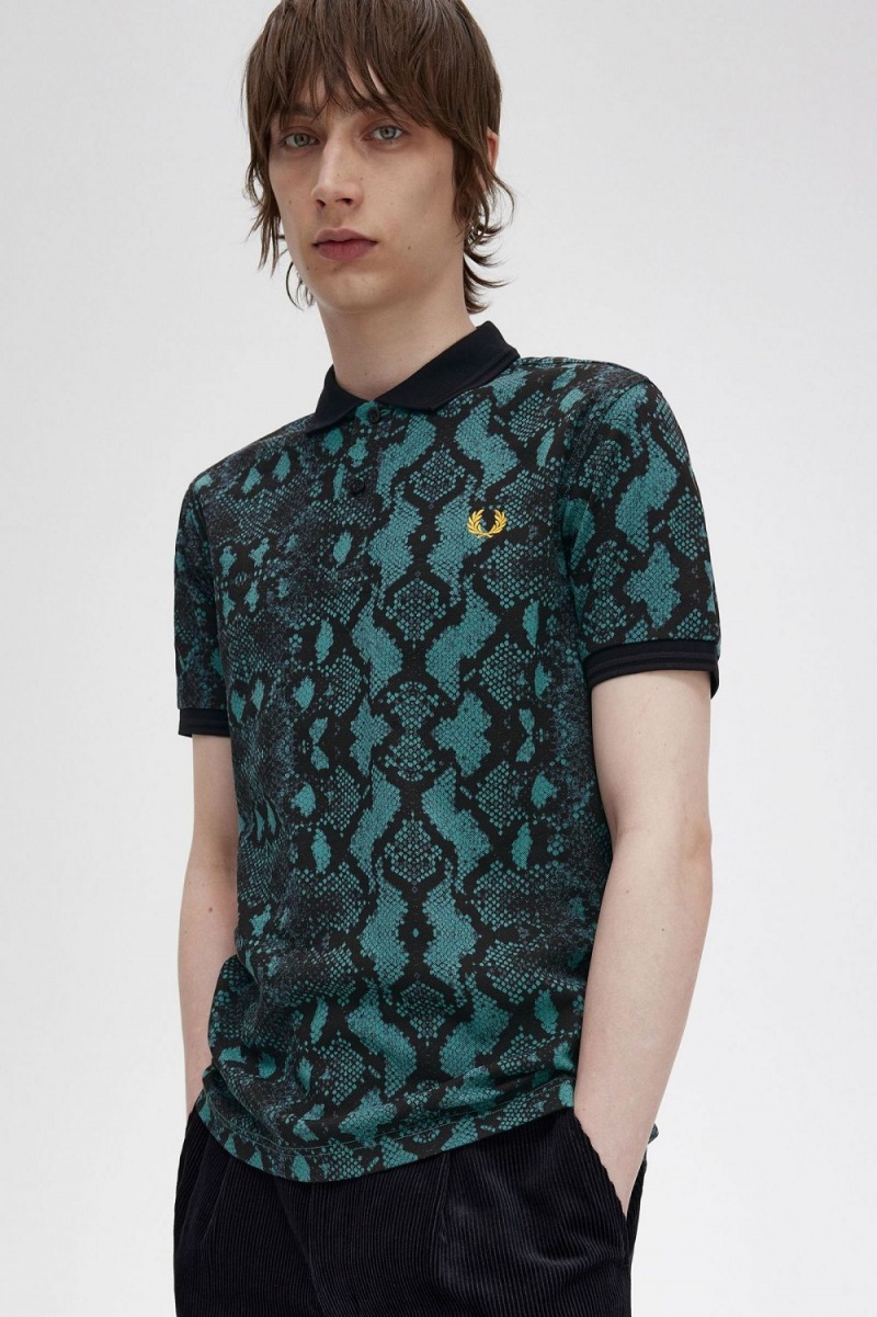 Fred Perry Snake Print Men's Shirt Deep Mint | CZIDJ2815