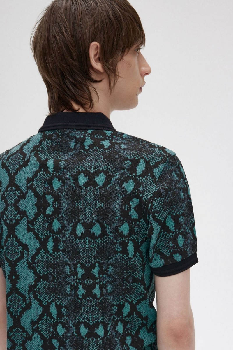 Fred Perry Snake Print Men's Shirt Deep Mint | CZIDJ2815