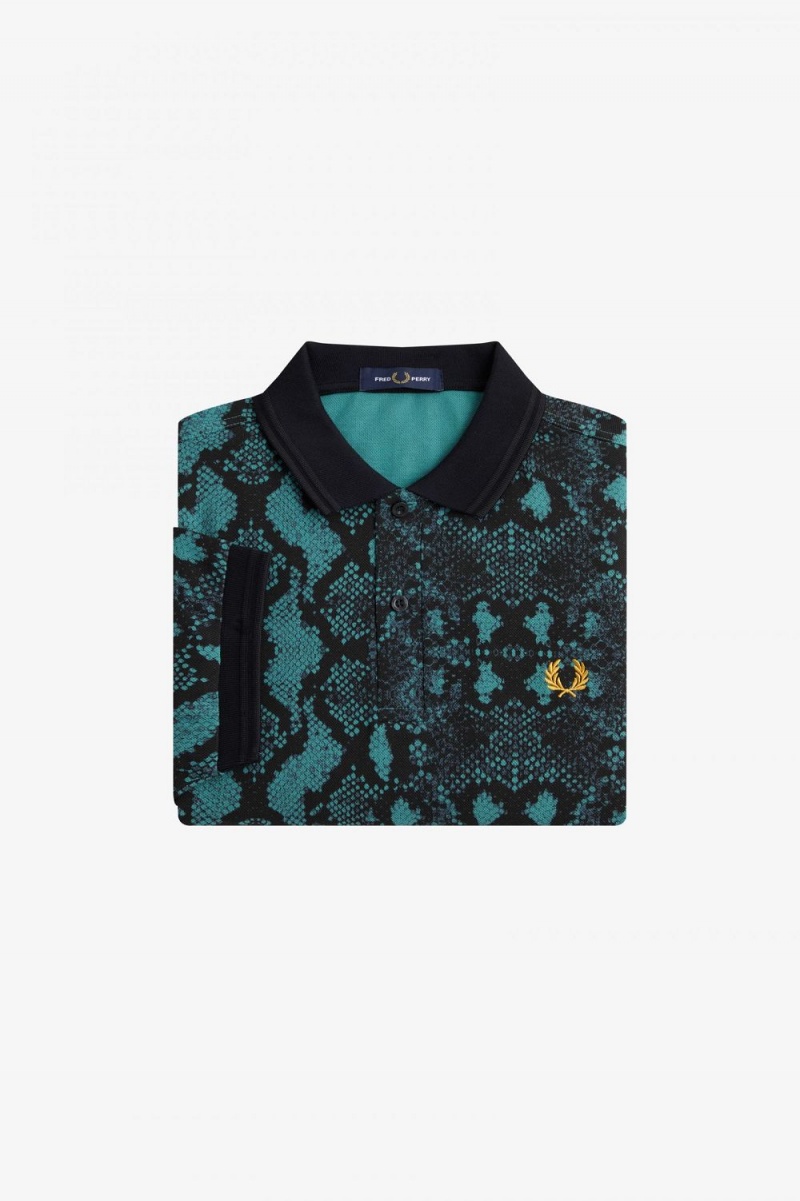 Fred Perry Snake Print Men's Shirt Deep Mint | CZIDJ2815