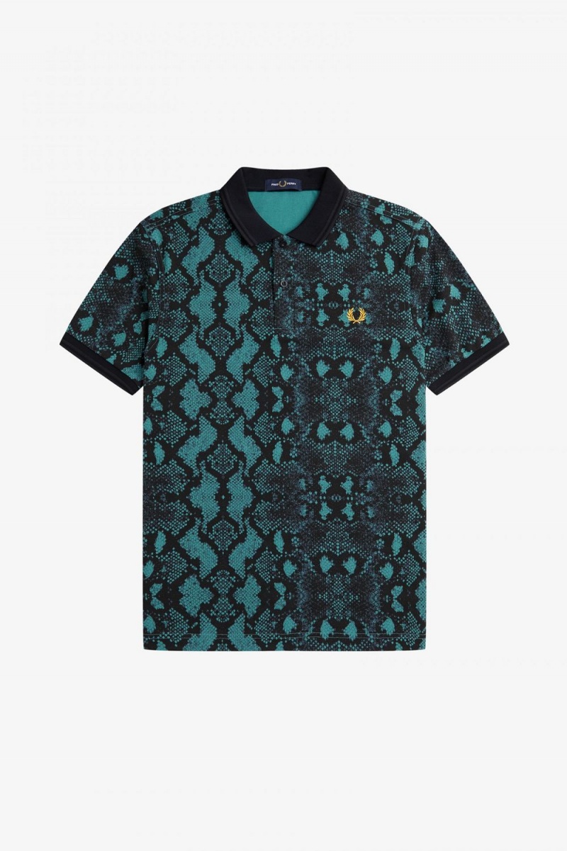 Fred Perry Snake Print Men's Shirt Deep Mint | CZIDJ2815