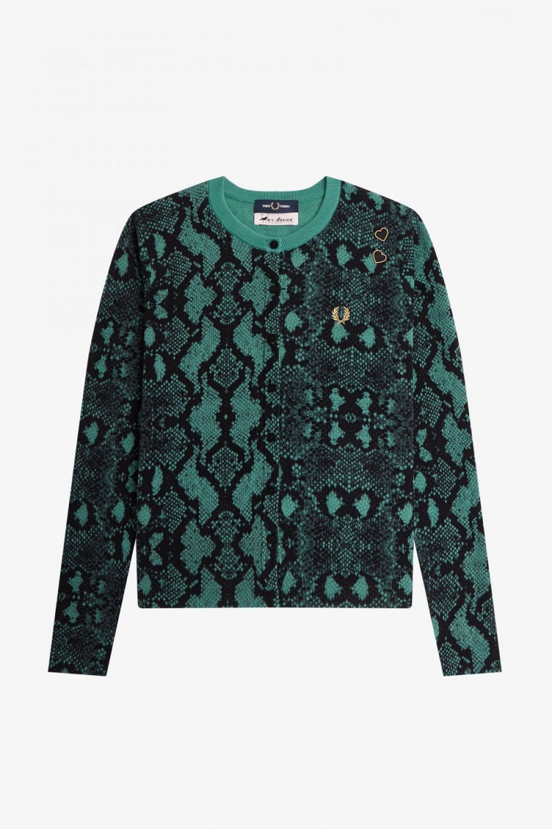 Fred Perry Snake Print Women's Cardigan Deep Mint | ZTVUC3149