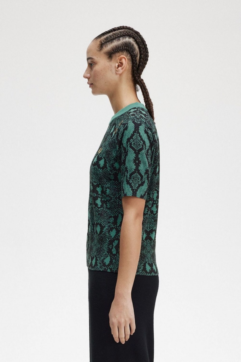 Fred Perry Snake Print Women's Jumper Deep Mint | DWUCG1582