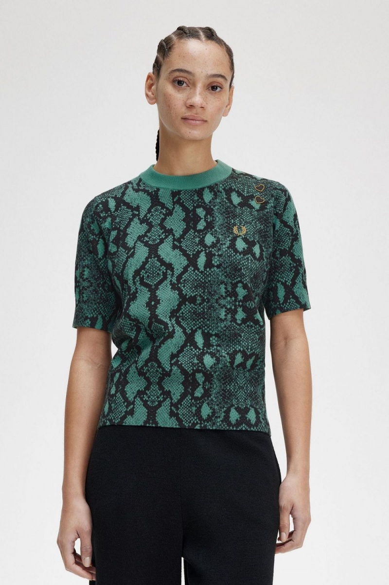 Fred Perry Snake Print Women's Jumper Deep Mint | DWUCG1582