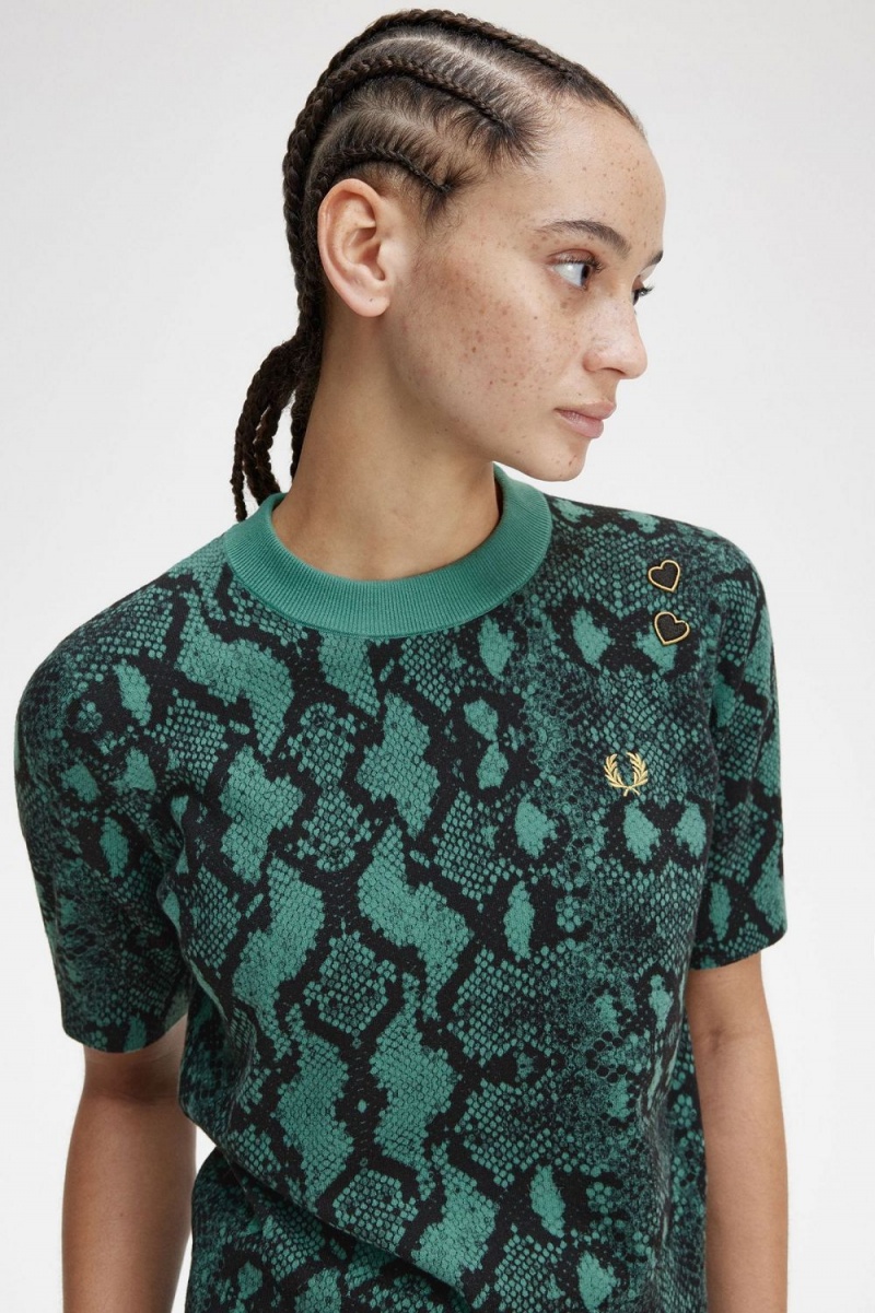 Fred Perry Snake Print Women's Jumper Deep Mint | DWUCG1582