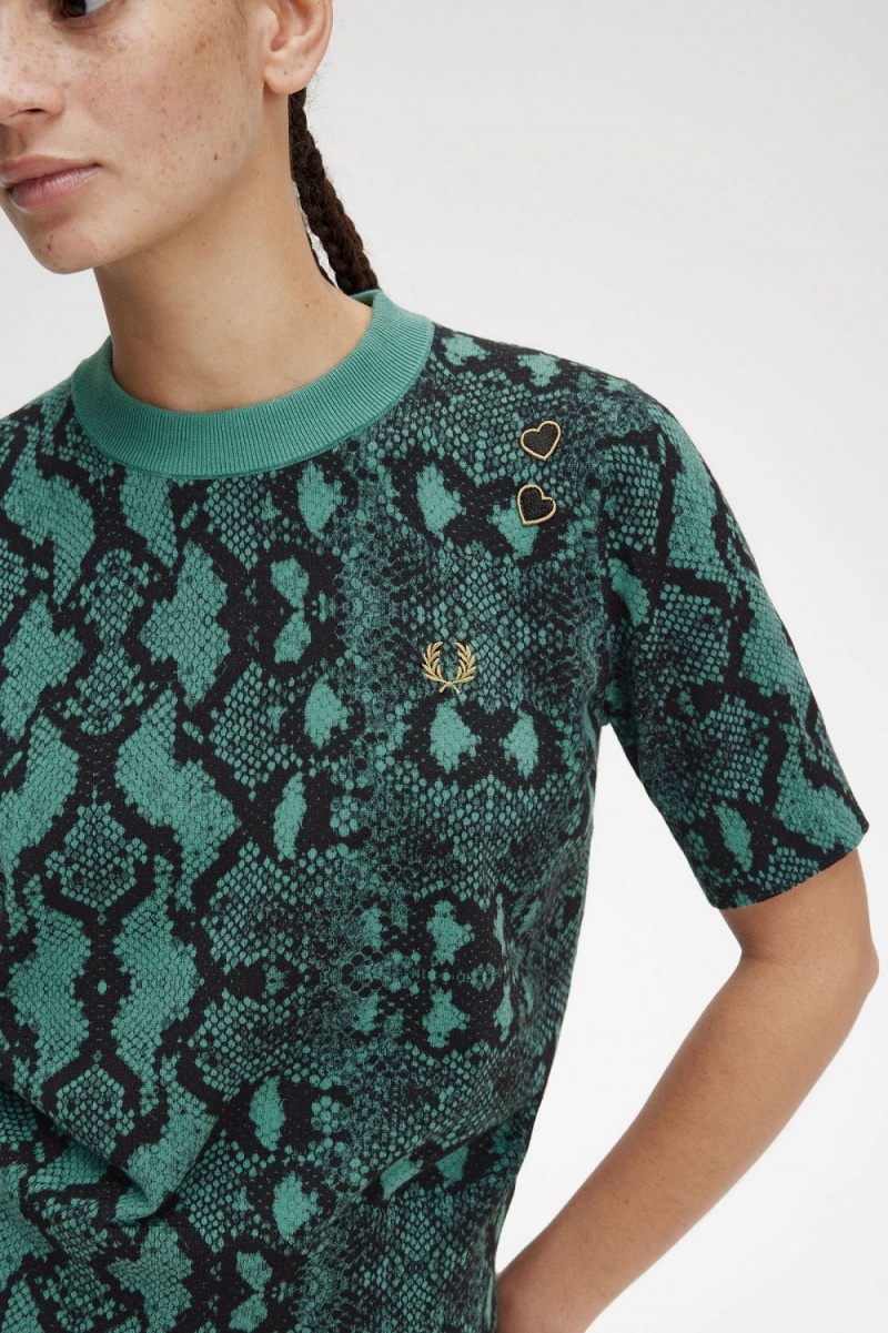 Fred Perry Snake Print Women's Jumper Deep Mint | DWUCG1582