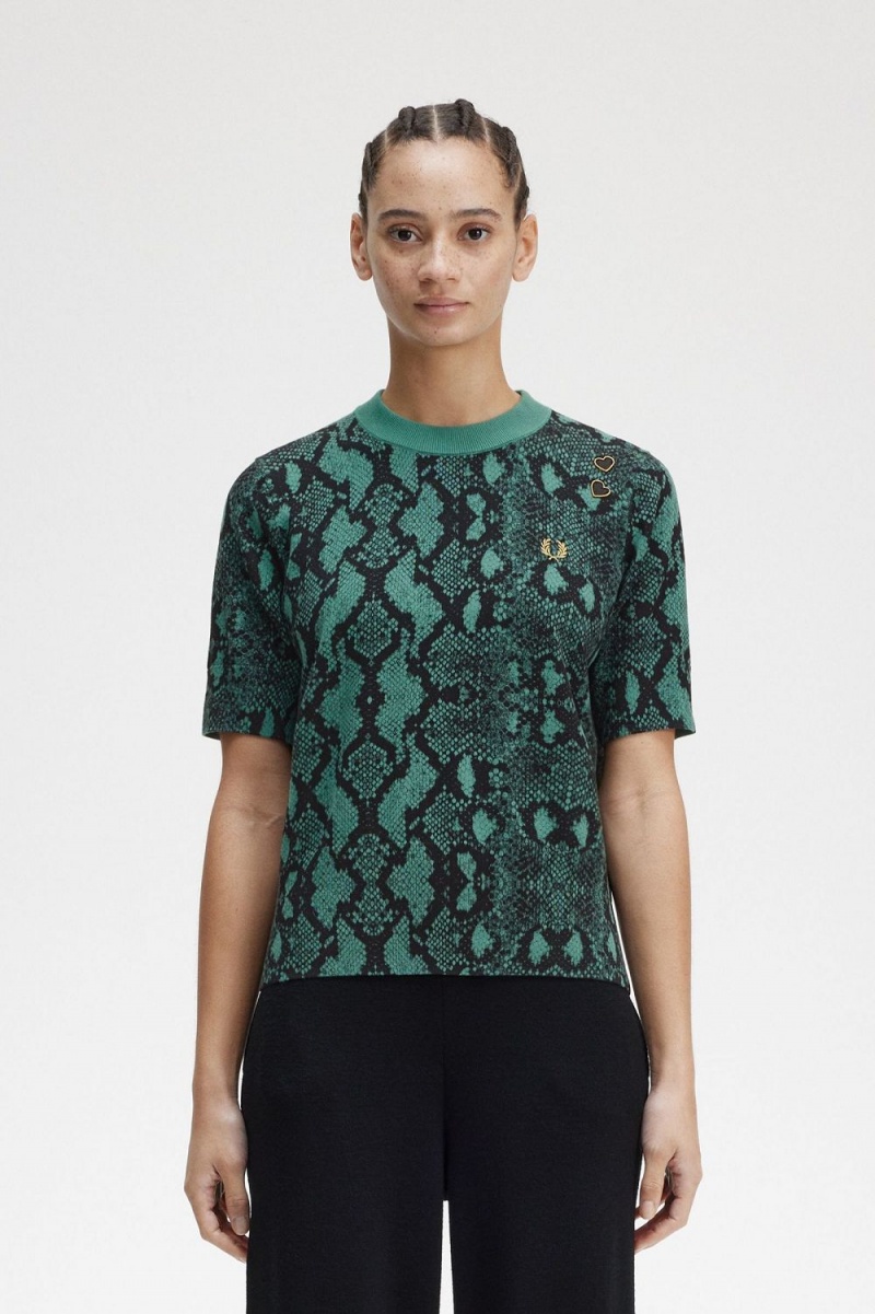 Fred Perry Snake Print Women\'s Jumper Deep Mint | DWUCG1582