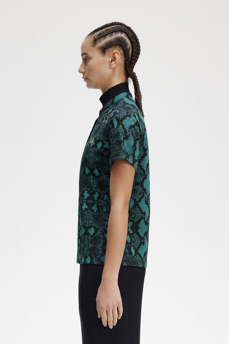 Fred Perry Snake Print Women's Polo Shirt Deep Mint | QXRLK4790