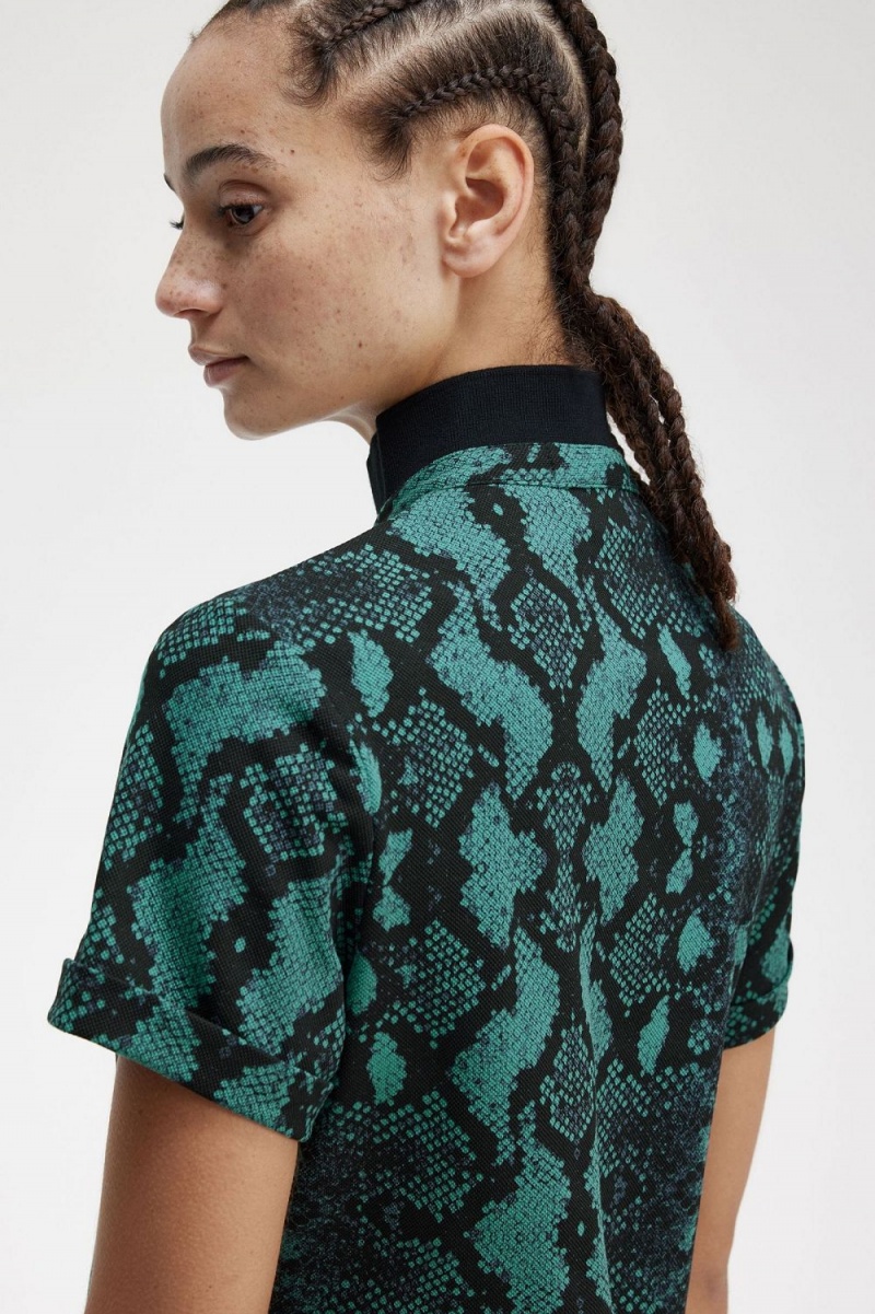 Fred Perry Snake Print Women's Polo Shirt Deep Mint | QXRLK4790