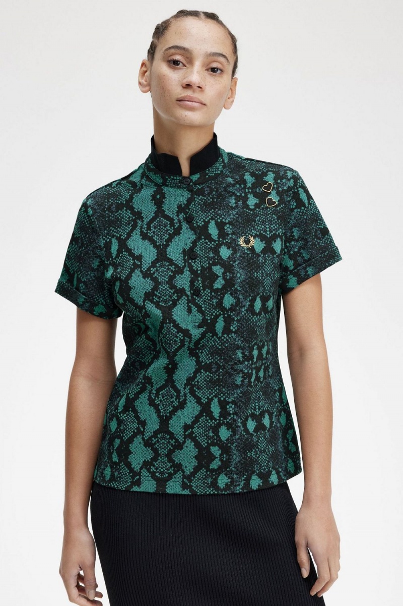 Fred Perry Snake Print Women's Polo Shirt Deep Mint | QXRLK4790