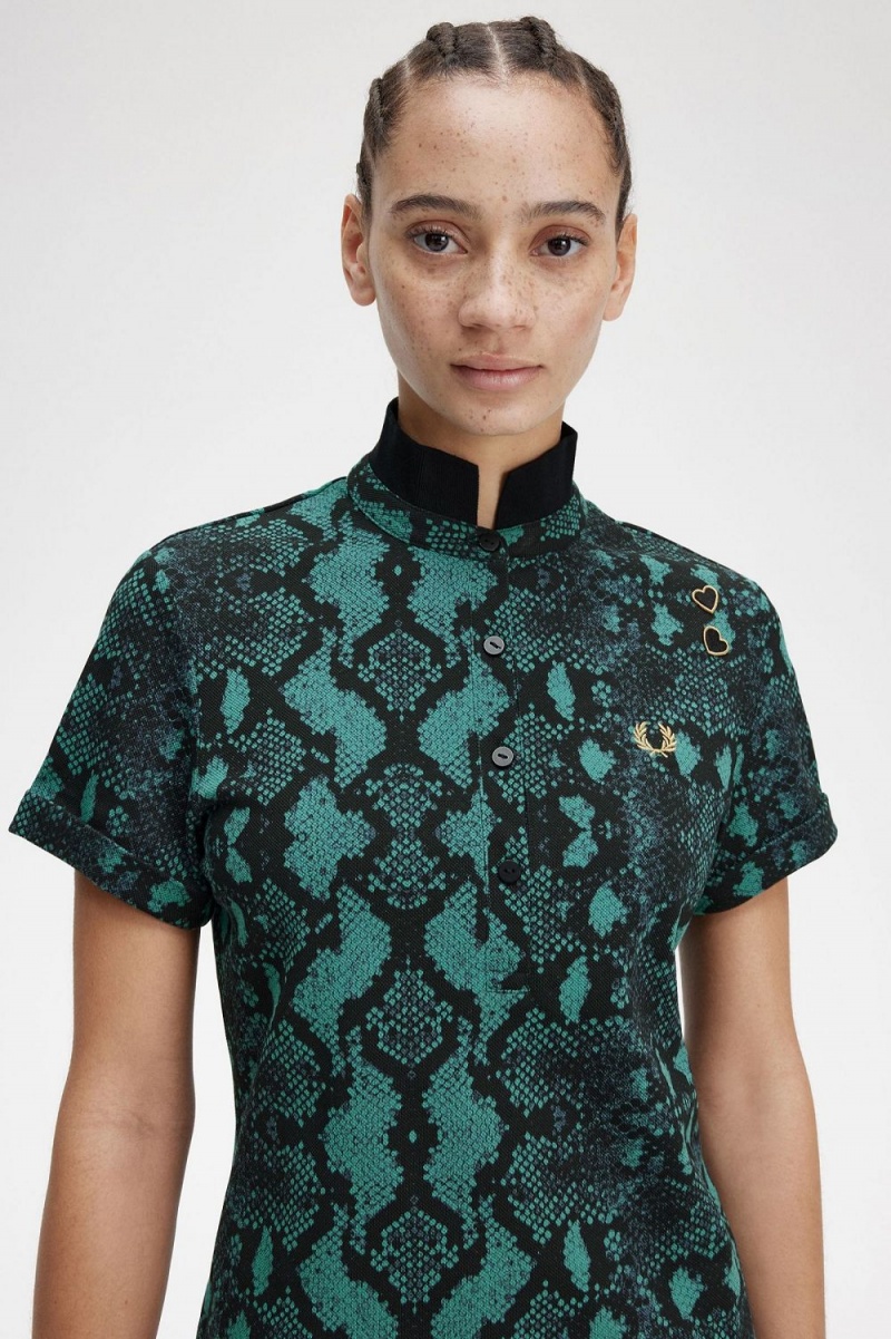 Fred Perry Snake Print Women's Polo Shirt Deep Mint | QXRLK4790