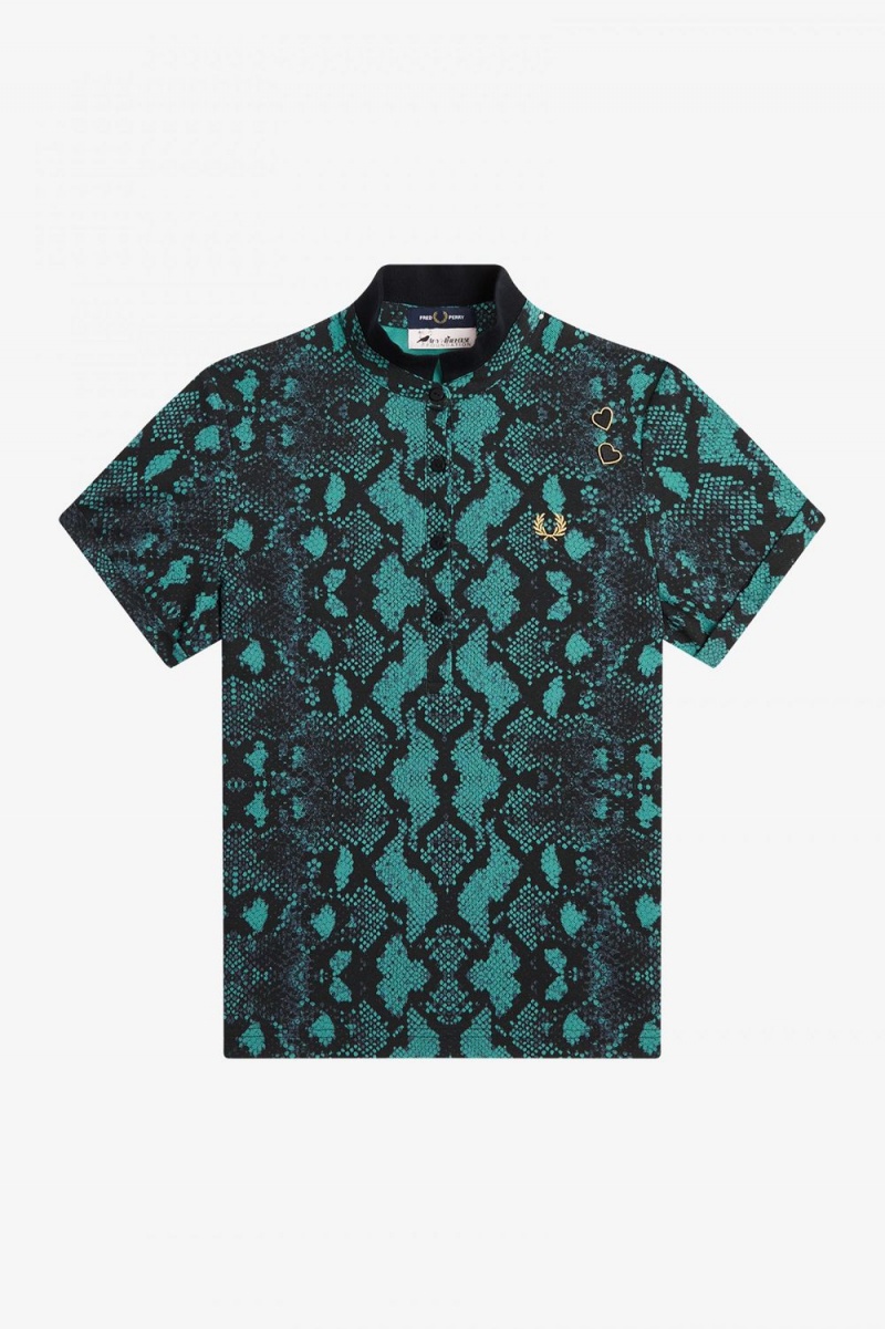 Fred Perry Snake Print Women's Polo Shirt Deep Mint | QXRLK4790