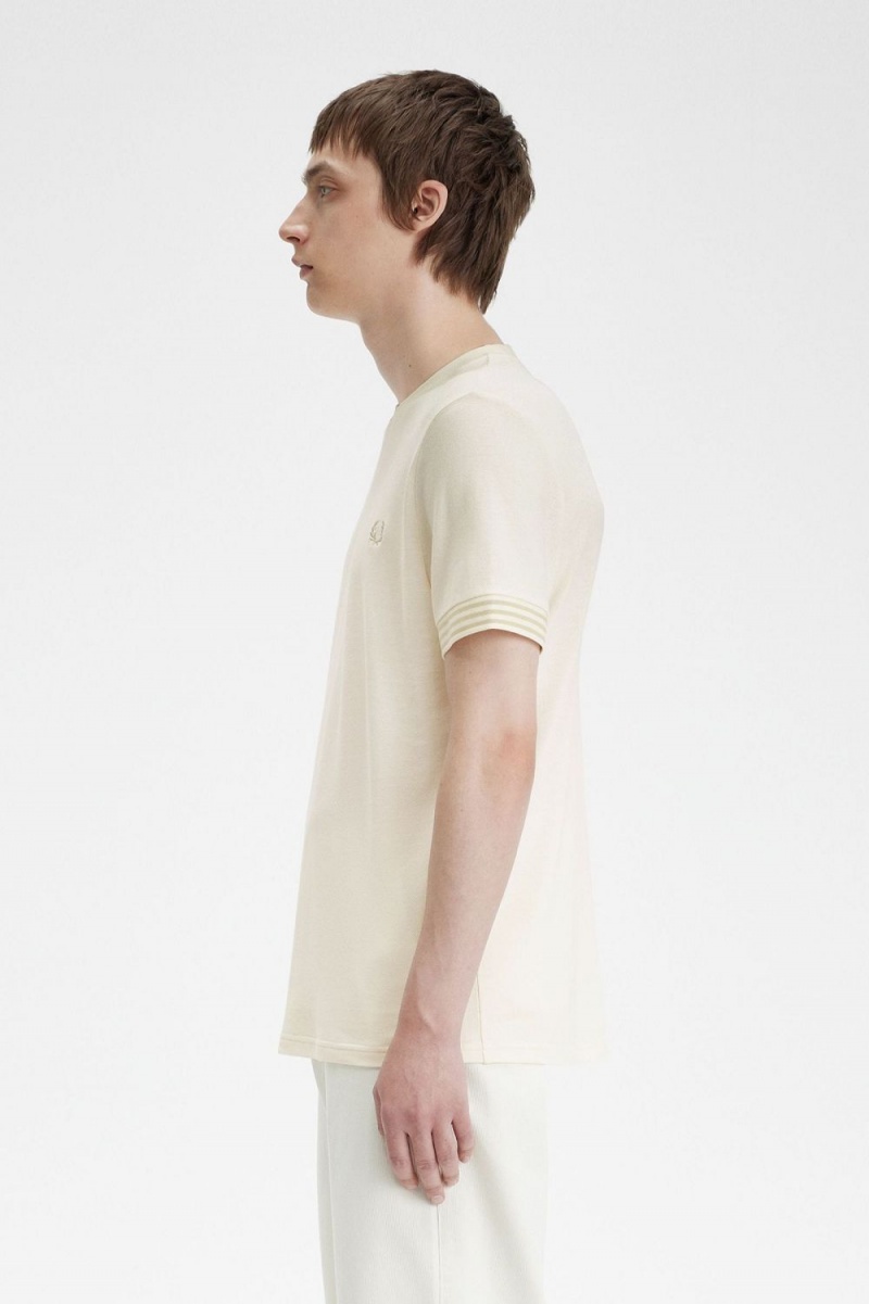 Fred Perry Striped Cuff Men's T-Shirt Beige | BJCLN0324