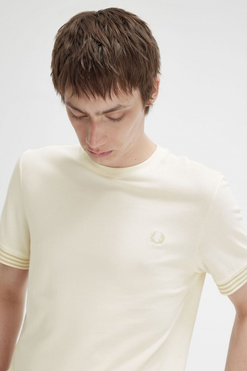 Fred Perry Striped Cuff Men's T-Shirt Beige | BJCLN0324