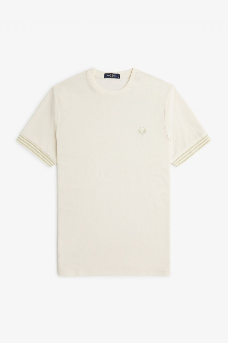 Fred Perry Striped Cuff Men's T-Shirt Beige | BJCLN0324