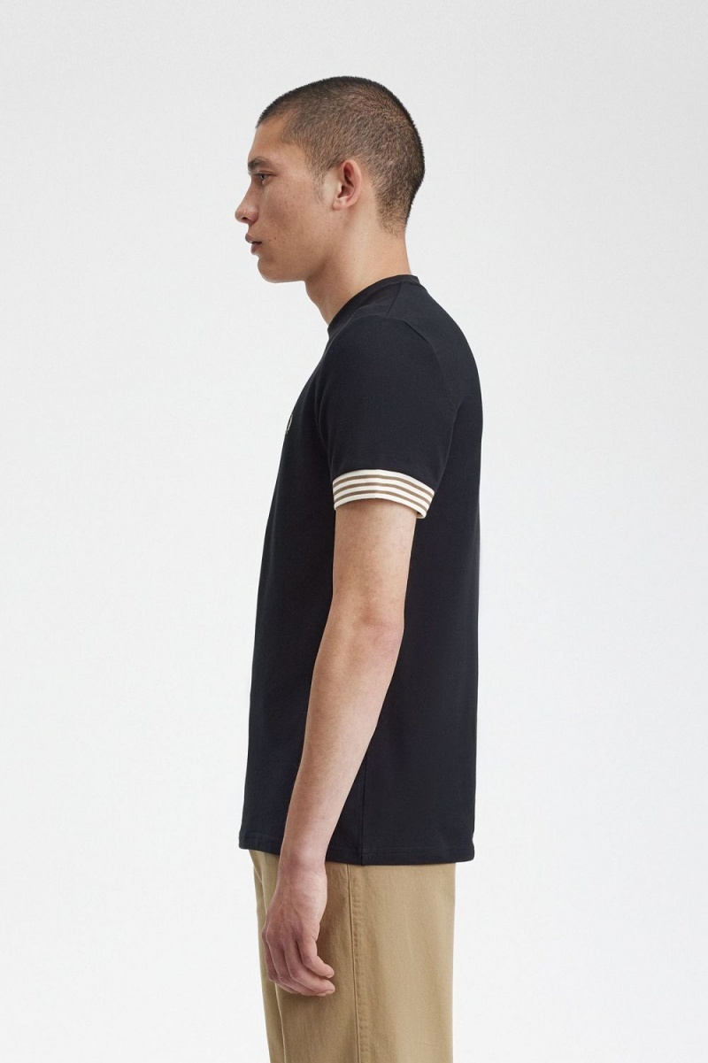 Fred Perry Striped Cuff Men's T-Shirt Black | WUKSJ3472