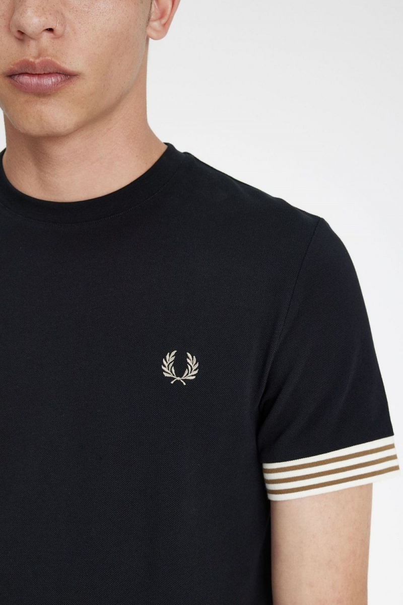 Fred Perry Striped Cuff Men's T-Shirt Black | WUKSJ3472