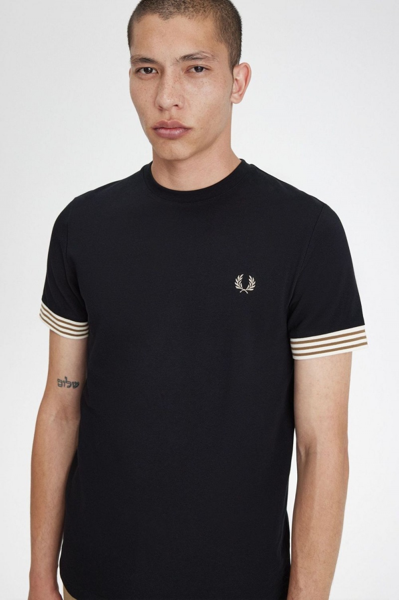 Fred Perry Striped Cuff Men's T-Shirt Black | WUKSJ3472