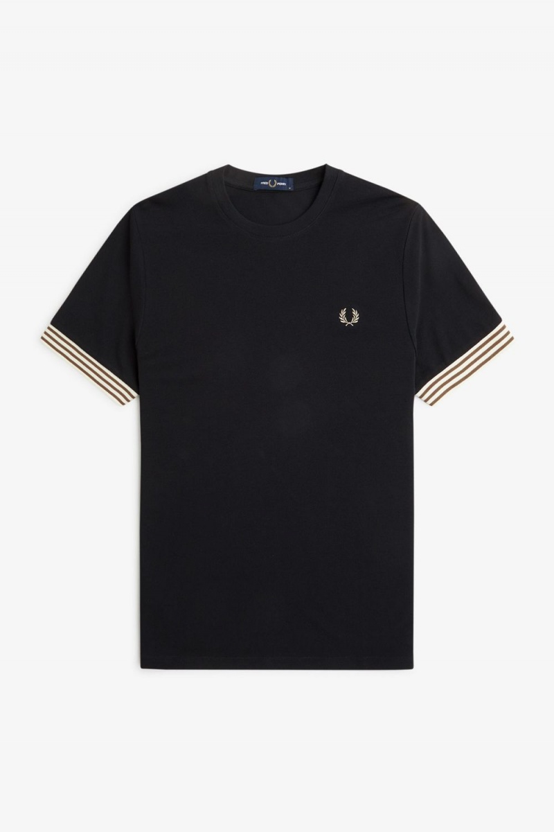 Fred Perry Striped Cuff Men's T-Shirt Black | WUKSJ3472