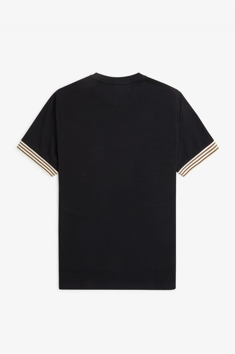 Fred Perry Striped Cuff Men's T-Shirt Black | WUKSJ3472