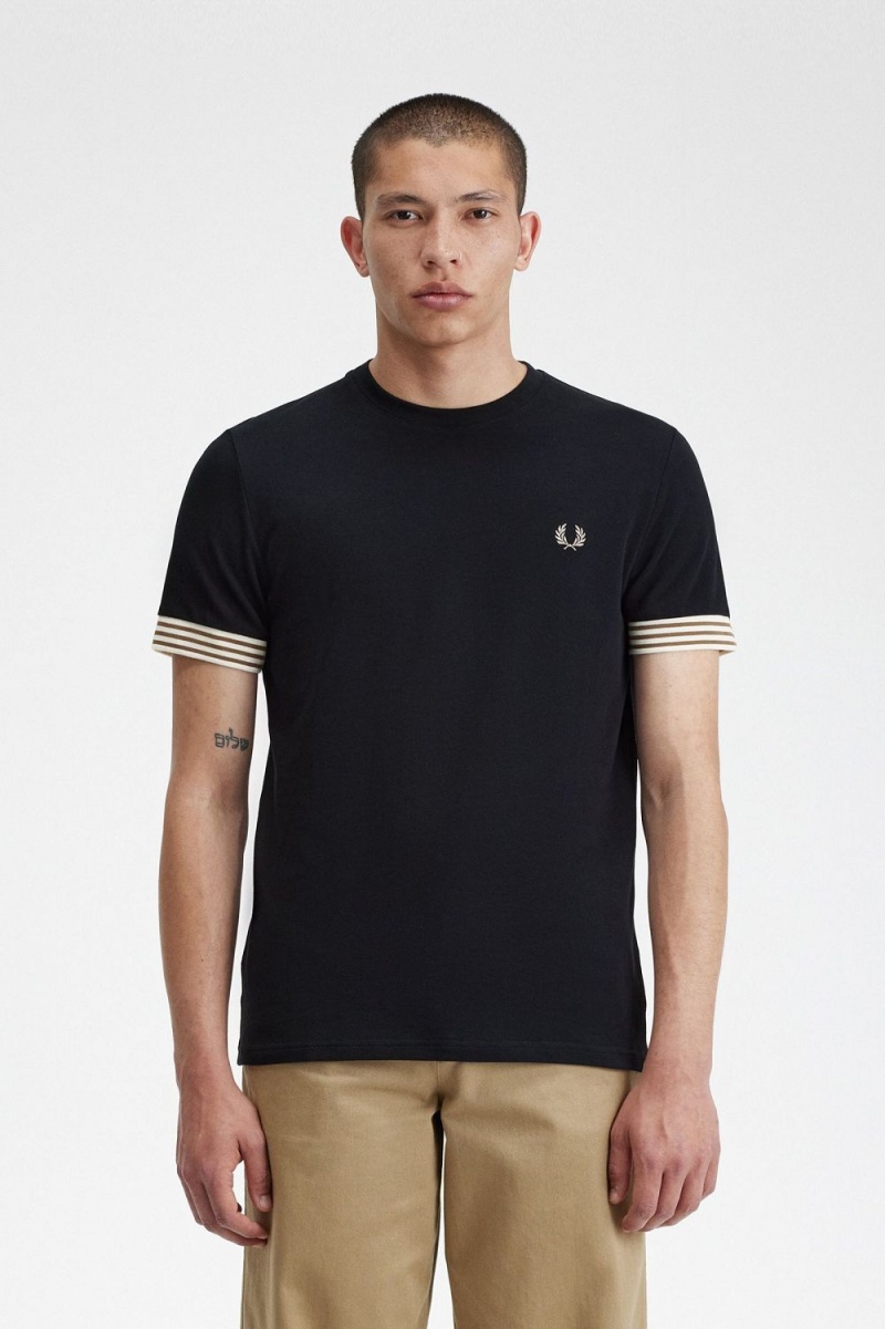 Fred Perry Striped Cuff Men\'s T-Shirt Black | WUKSJ3472