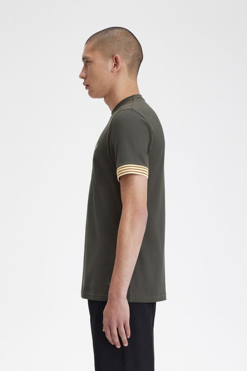 Fred Perry Striped Cuff Men's T-Shirt Field Green | DKOQV4981