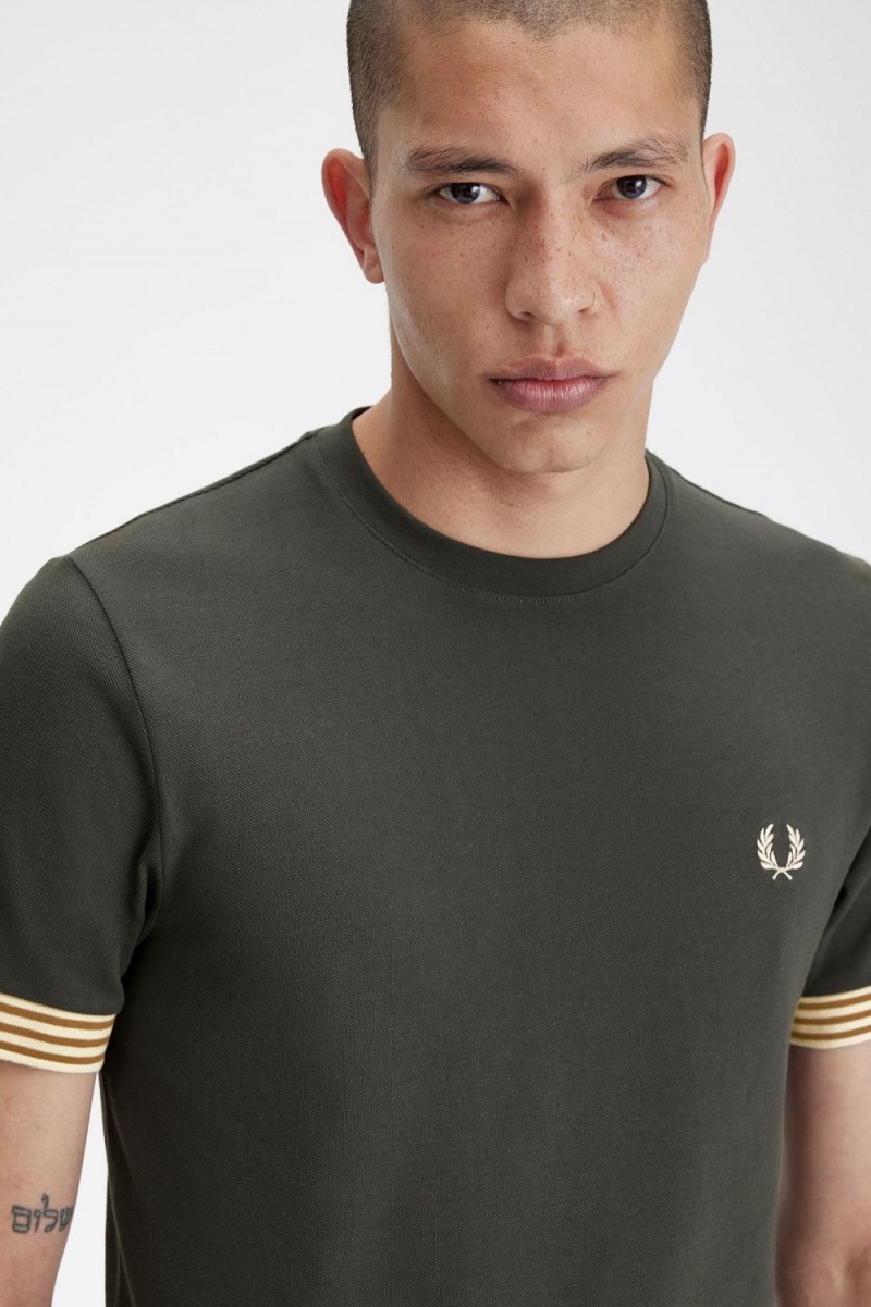 Fred Perry Striped Cuff Men's T-Shirt Field Green | DKOQV4981