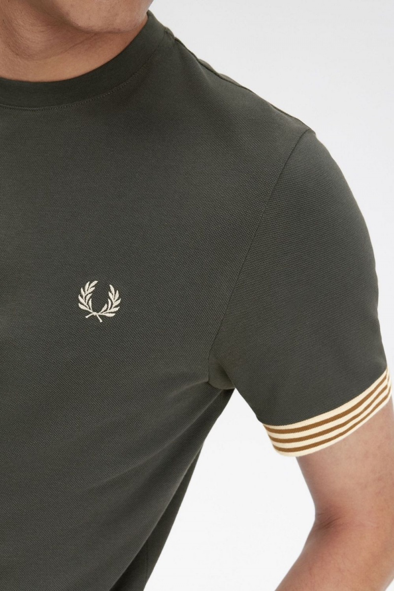 Fred Perry Striped Cuff Men's T-Shirt Field Green | DKOQV4981