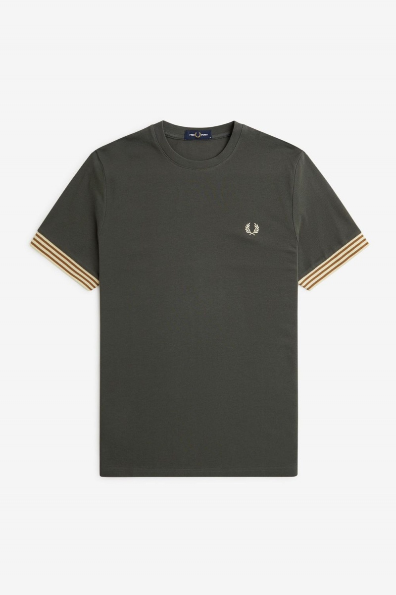 Fred Perry Striped Cuff Men's T-Shirt Field Green | DKOQV4981