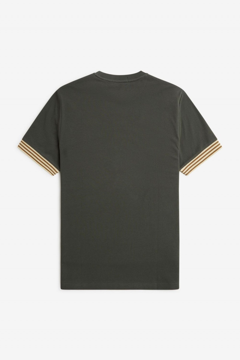 Fred Perry Striped Cuff Men's T-Shirt Field Green | DKOQV4981