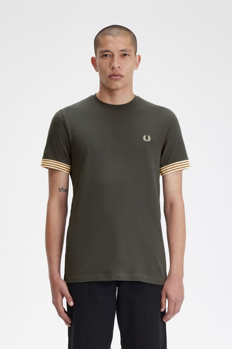 Fred Perry Striped Cuff Men\'s T-Shirt Field Green | DKOQV4981