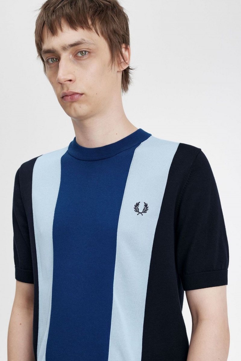 Fred Perry Striped Fine Knit Men's T-Shirt Navy Turquoise Shaded Cobalt | BGUAD2304