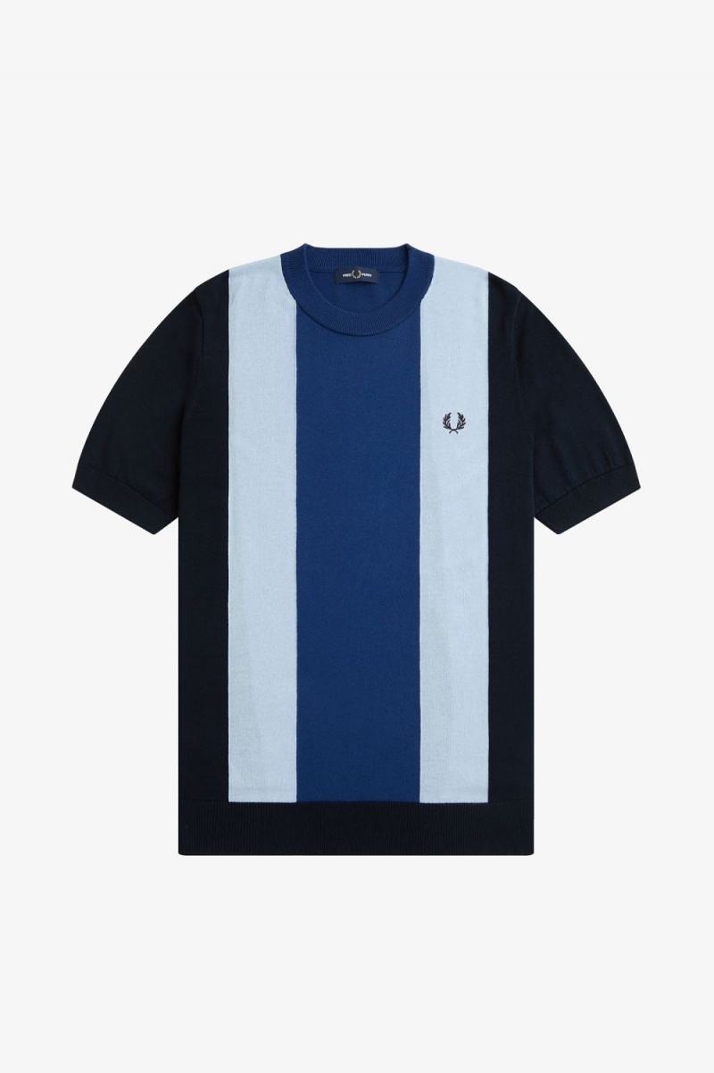 Fred Perry Striped Fine Knit Men's T-Shirt Navy Turquoise Shaded Cobalt | BGUAD2304