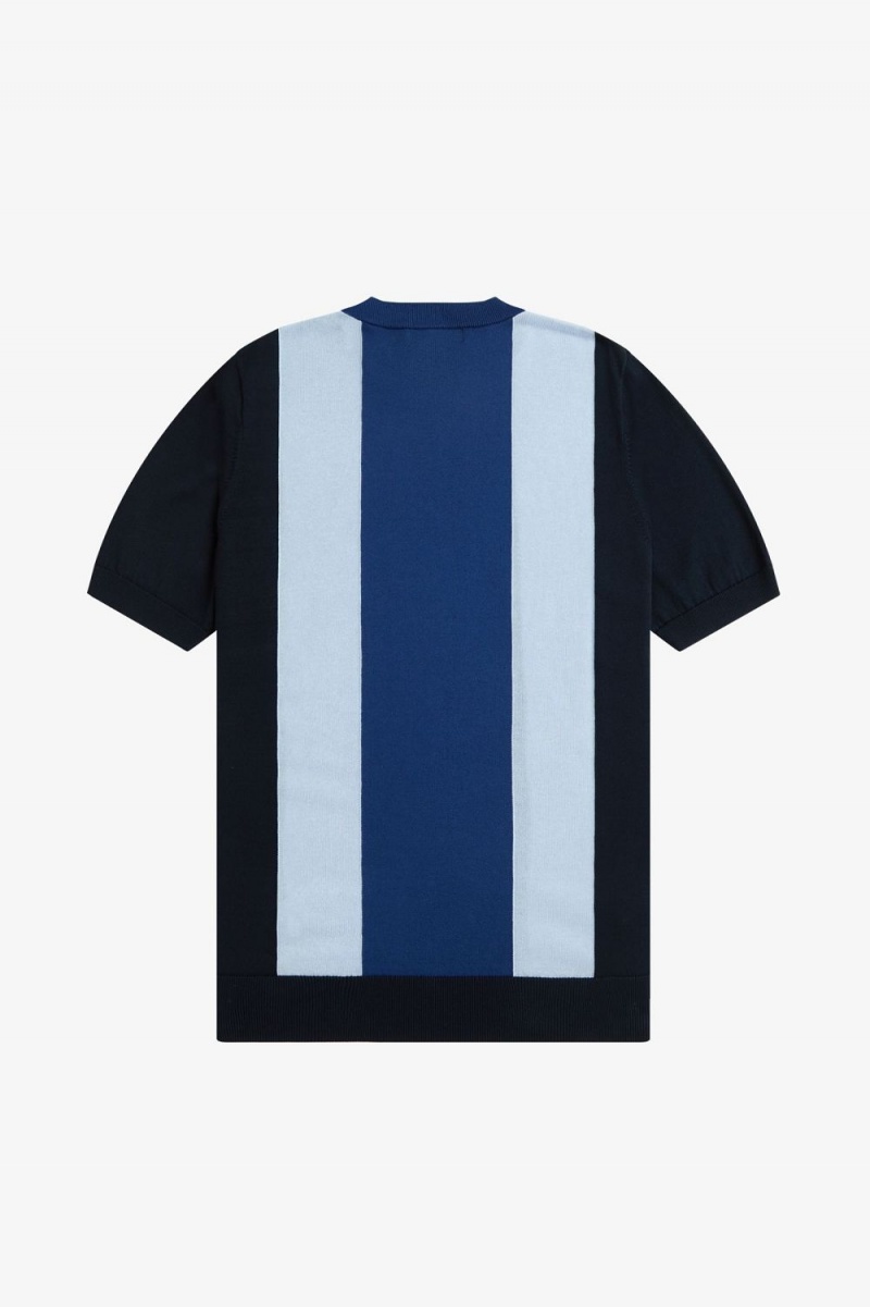 Fred Perry Striped Fine Knit Men's T-Shirt Navy Turquoise Shaded Cobalt | BGUAD2304