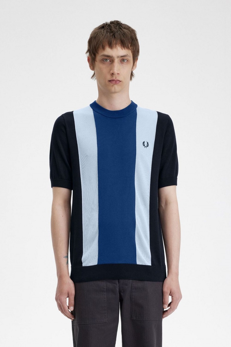 Fred Perry Striped Fine Knit Men\'s T-Shirt Navy Turquoise Shaded Cobalt | BGUAD2304