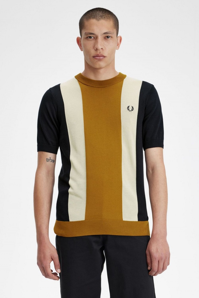 Fred Perry Striped Fine Knit Men's T-Shirt Black Oatmeal Dark Coffee | URZDE7685