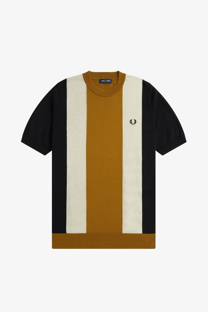 Fred Perry Striped Fine Knit Men's T-Shirt Black Oatmeal Dark Coffee | URZDE7685