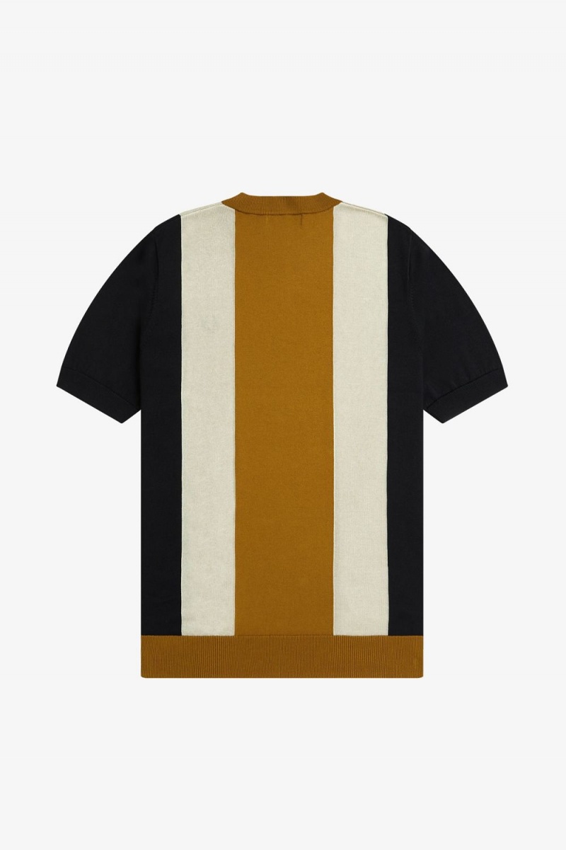 Fred Perry Striped Fine Knit Men's T-Shirt Black Oatmeal Dark Coffee | URZDE7685