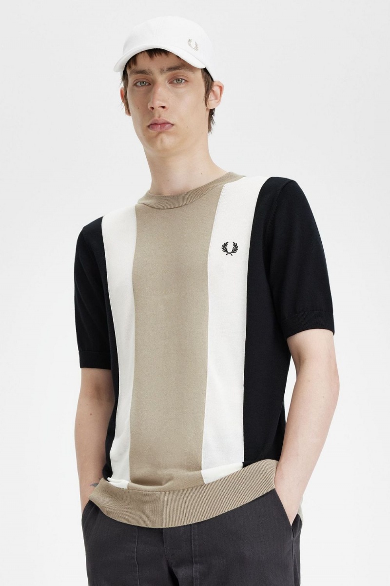 Fred Perry Striped Fine Knit Men's T-Shirt Black Snow White Warm Grey | MIYTZ4309