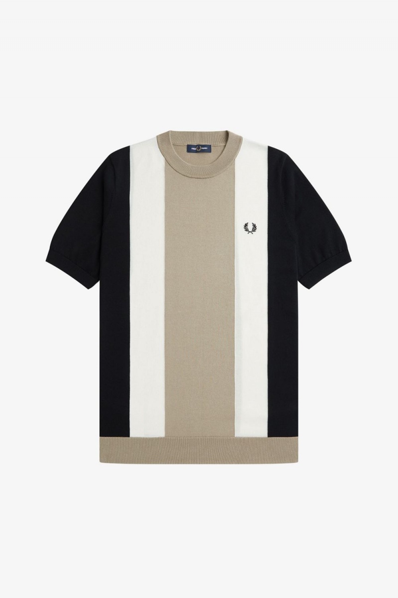 Fred Perry Striped Fine Knit Men's T-Shirt Black Snow White Warm Grey | MIYTZ4309