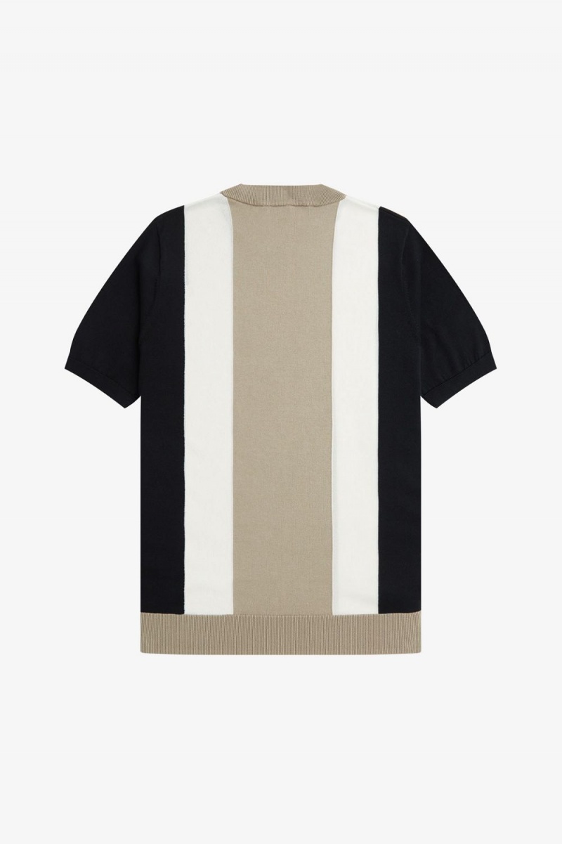 Fred Perry Striped Fine Knit Men's T-Shirt Black Snow White Warm Grey | MIYTZ4309