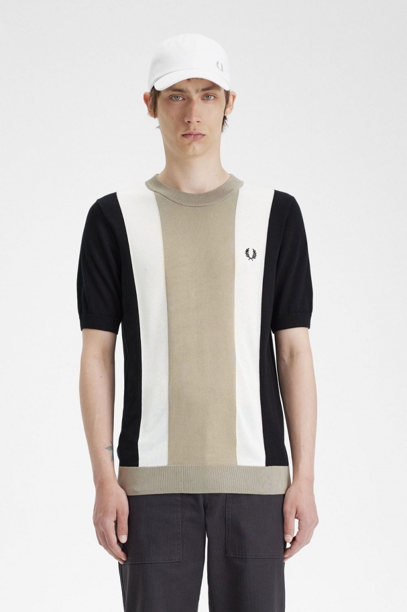 Fred Perry Striped Fine Knit Men\'s T-Shirt Black Snow White Warm Grey | MIYTZ4309