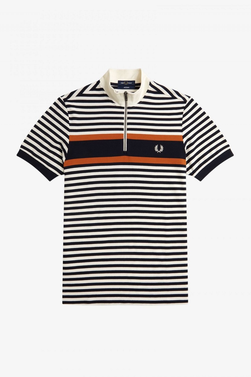 Fred Perry Striped Funnel Neck Men\'s Shirt Beige | NALZW0694