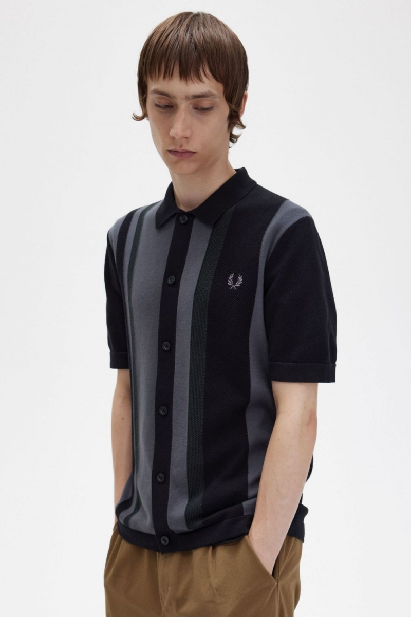 Fred Perry Striped Knitted Men's Shirt Black | NSZXV7634