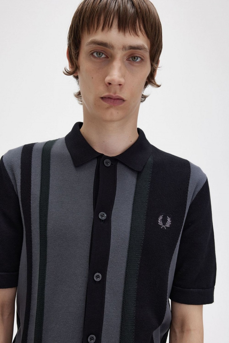 Fred Perry Striped Knitted Men's Shirt Black | NSZXV7634