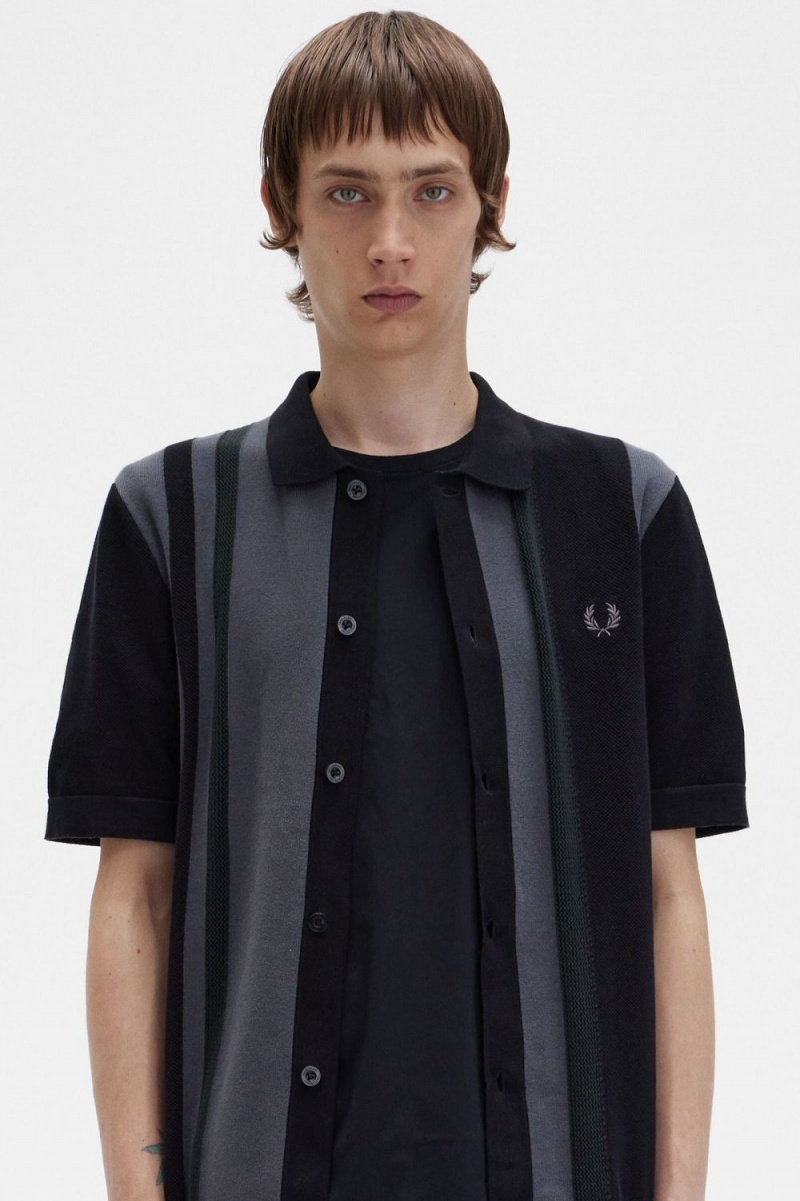 Fred Perry Striped Knitted Men's Shirt Black | NSZXV7634